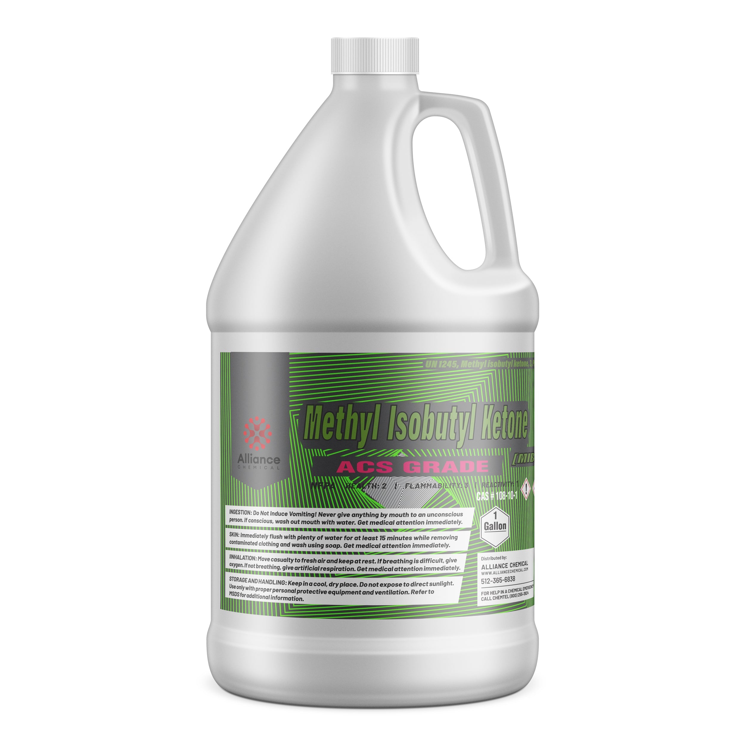 One-gallon HDPE jug of ACS-grade Methyl Isobutyl Ketone (MIBK) with green label, flammability warning symbol, and safety instructions from Alliance Chemical.